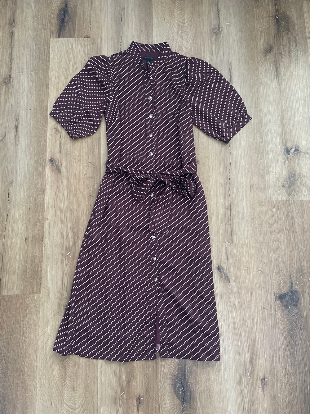 Ann Taylor Burgundy Polka-Dot Midi Shirt Dress